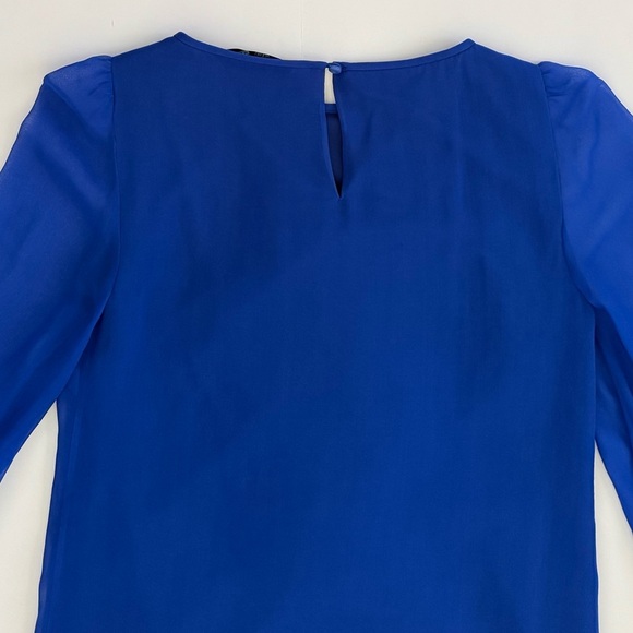 Tibi 100%Silk Ruffle Shift Long Sleeve Mini Short Dress, Royal Blue, Size 2 - Picture 7 of 13